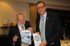 Finishing the night at the rotary club meeting. Here is president Gerd exchanging flags with Team Leader Stan